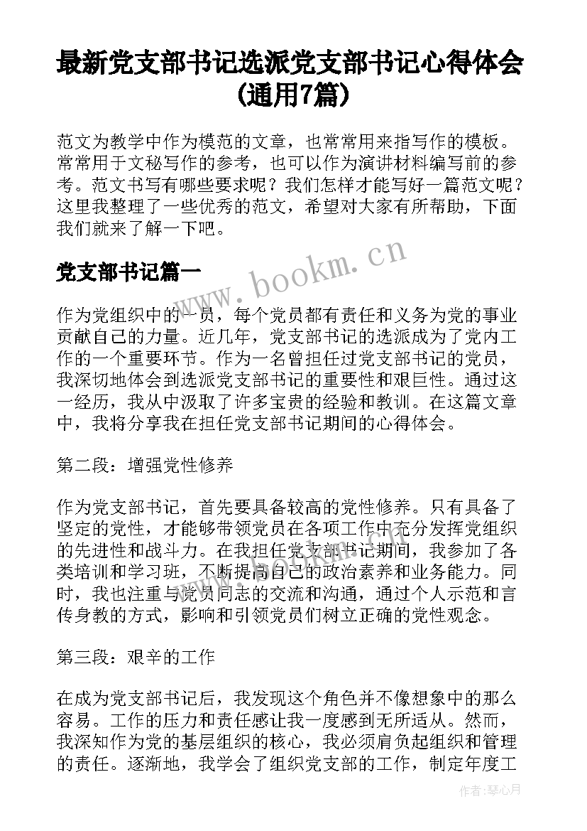 最新党支部书记 选派党支部书记心得体会(通用7篇)