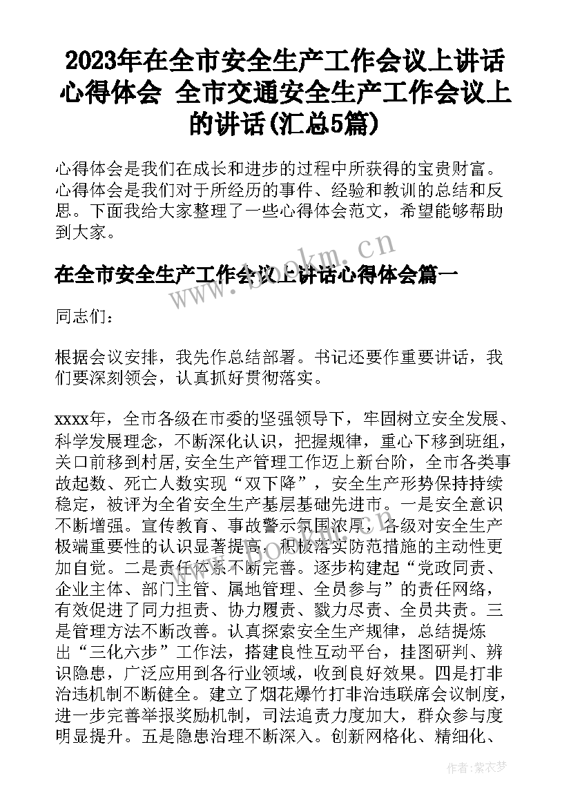 2023年在全市安全生产工作会议上讲话心得体会 全市交通安全生产工作会议上的讲话(汇总5篇)