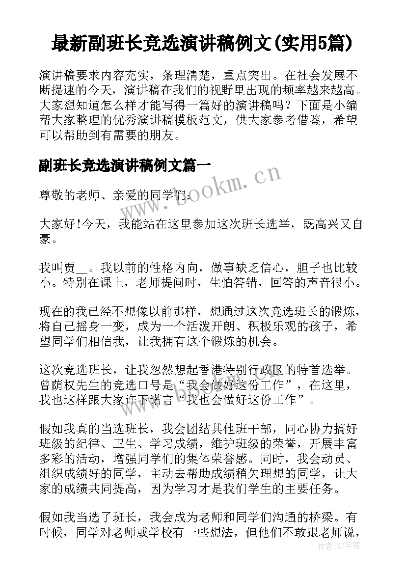 最新副班长竞选演讲稿例文(实用5篇)