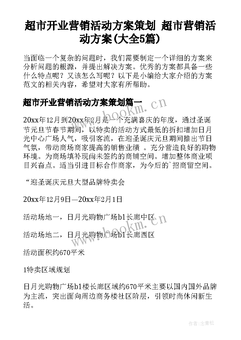 超市开业营销活动方案策划 超市营销活动方案(大全5篇)