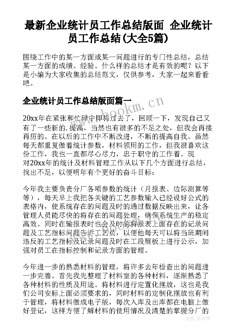 最新企业统计员工作总结版面 企业统计员工作总结(大全5篇)