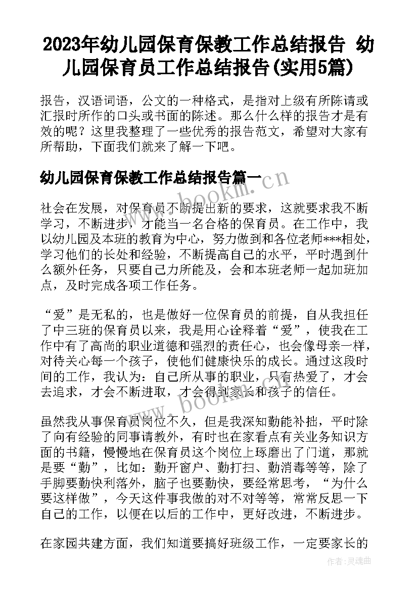 2023年幼儿园保育保教工作总结报告 幼儿园保育员工作总结报告(实用5篇)