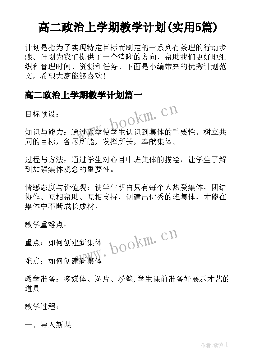 高二政治上学期教学计划(实用5篇)