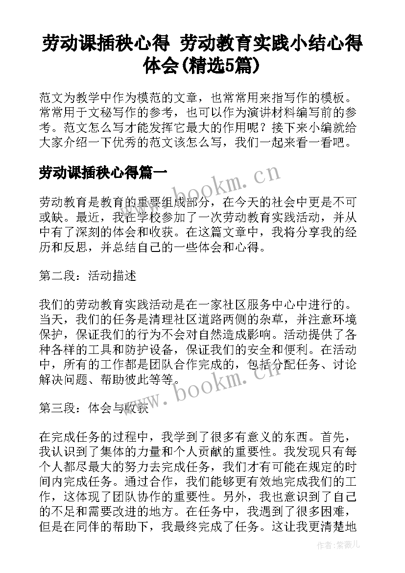 劳动课插秧心得 劳动教育实践小结心得体会(精选5篇)