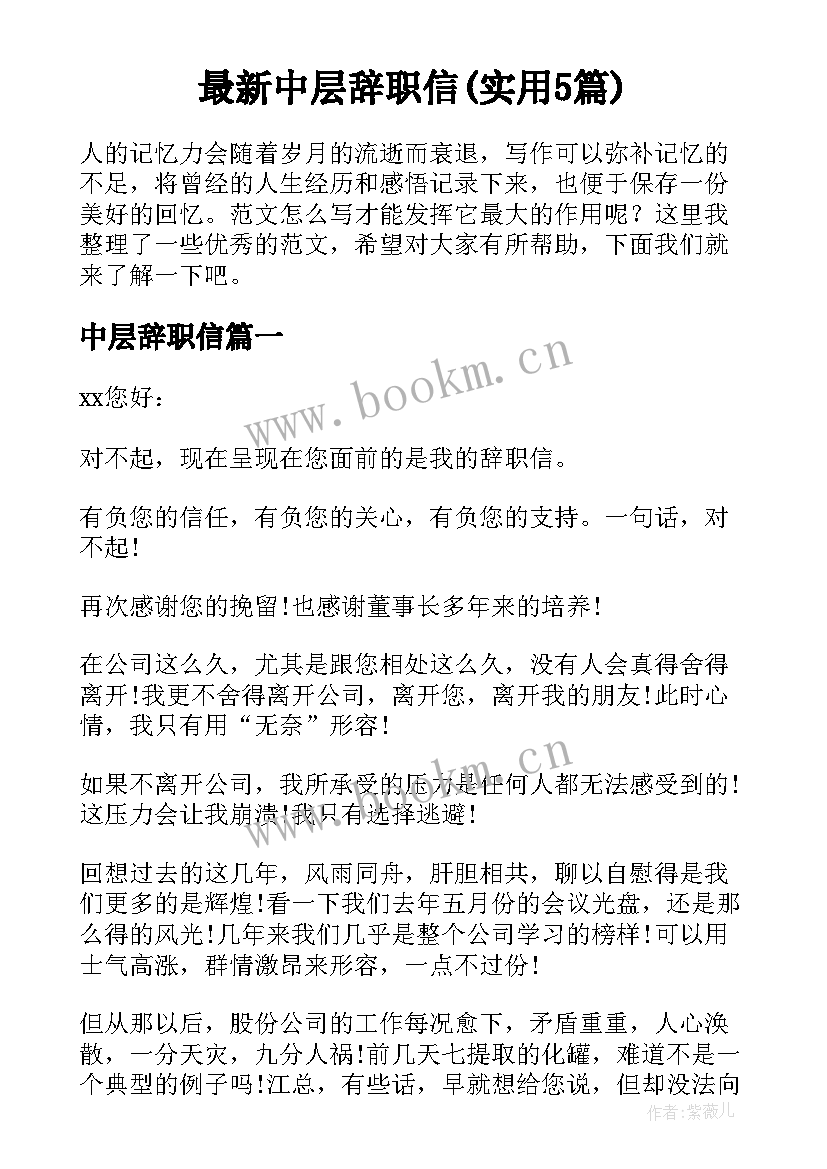 最新中层辞职信(实用5篇)