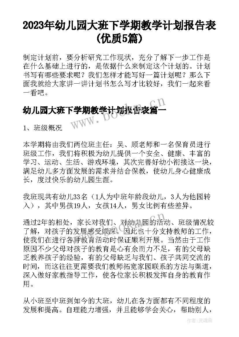 2023年幼儿园大班下学期教学计划报告表(优质5篇)