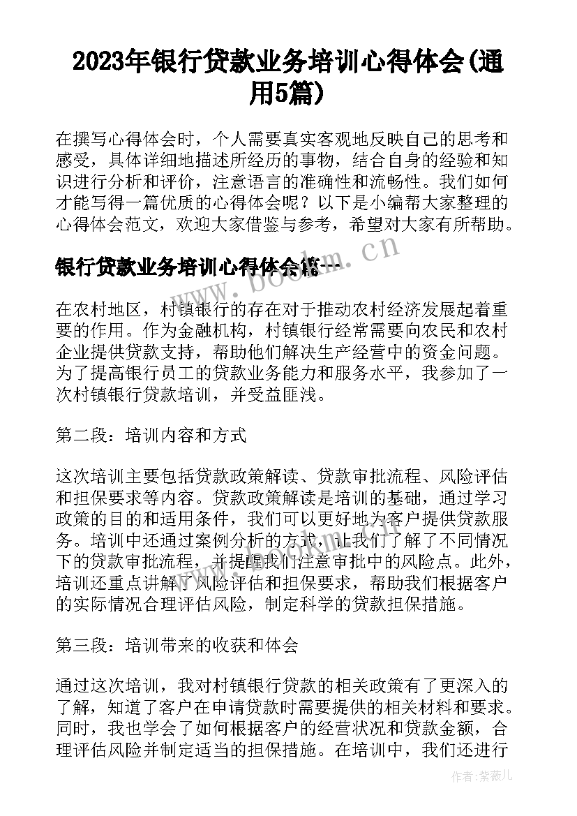 2023年银行贷款业务培训心得体会(通用5篇)