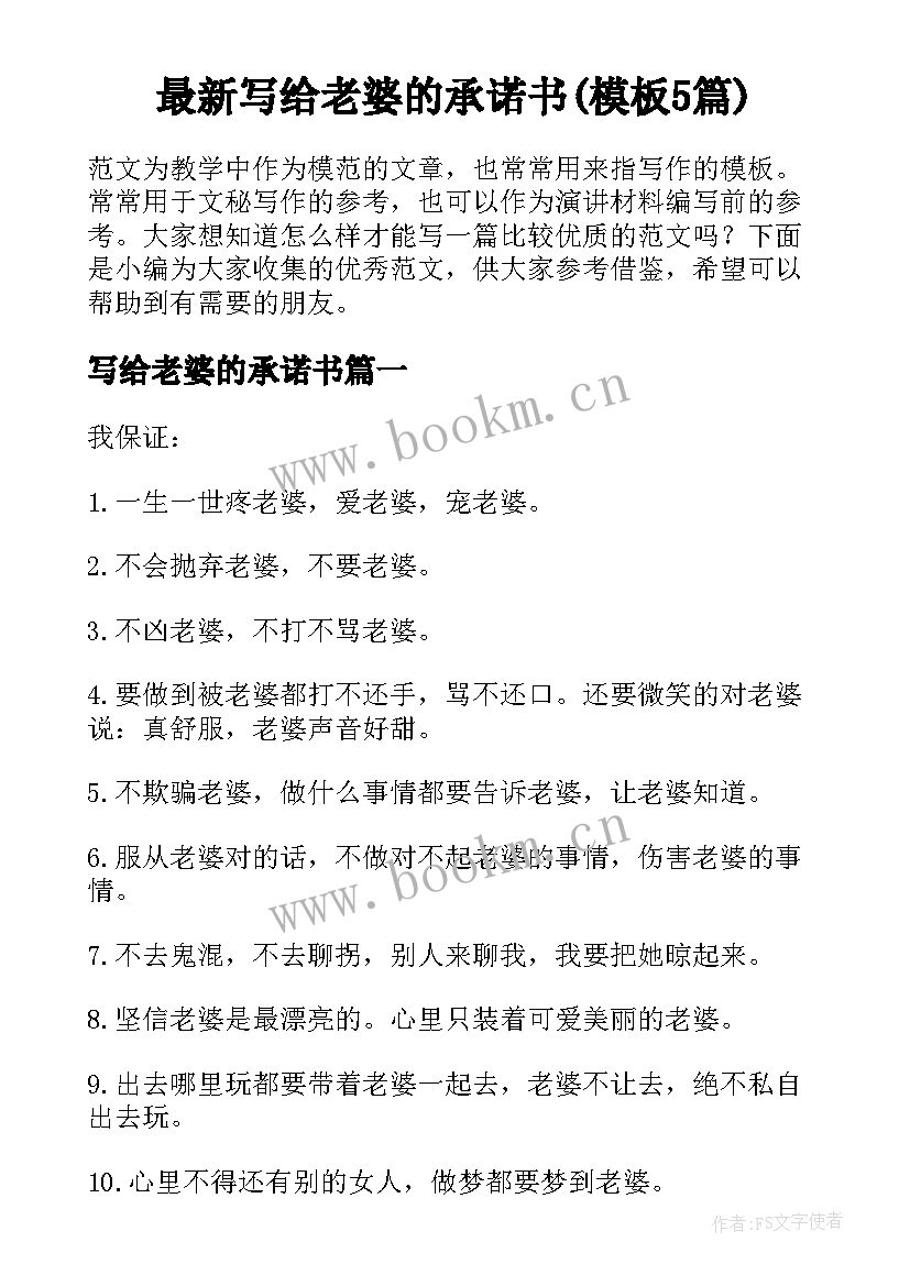 最新写给老婆的承诺书(模板5篇)