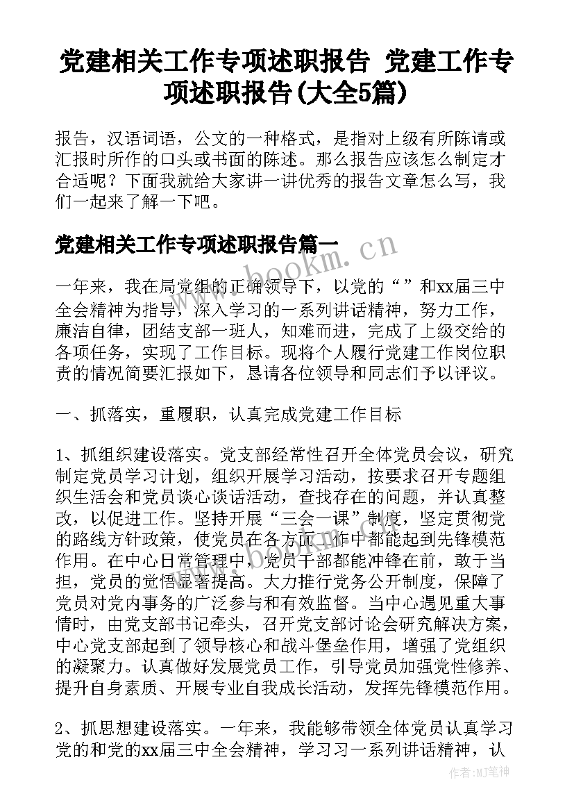 党建相关工作专项述职报告 党建工作专项述职报告(大全5篇)