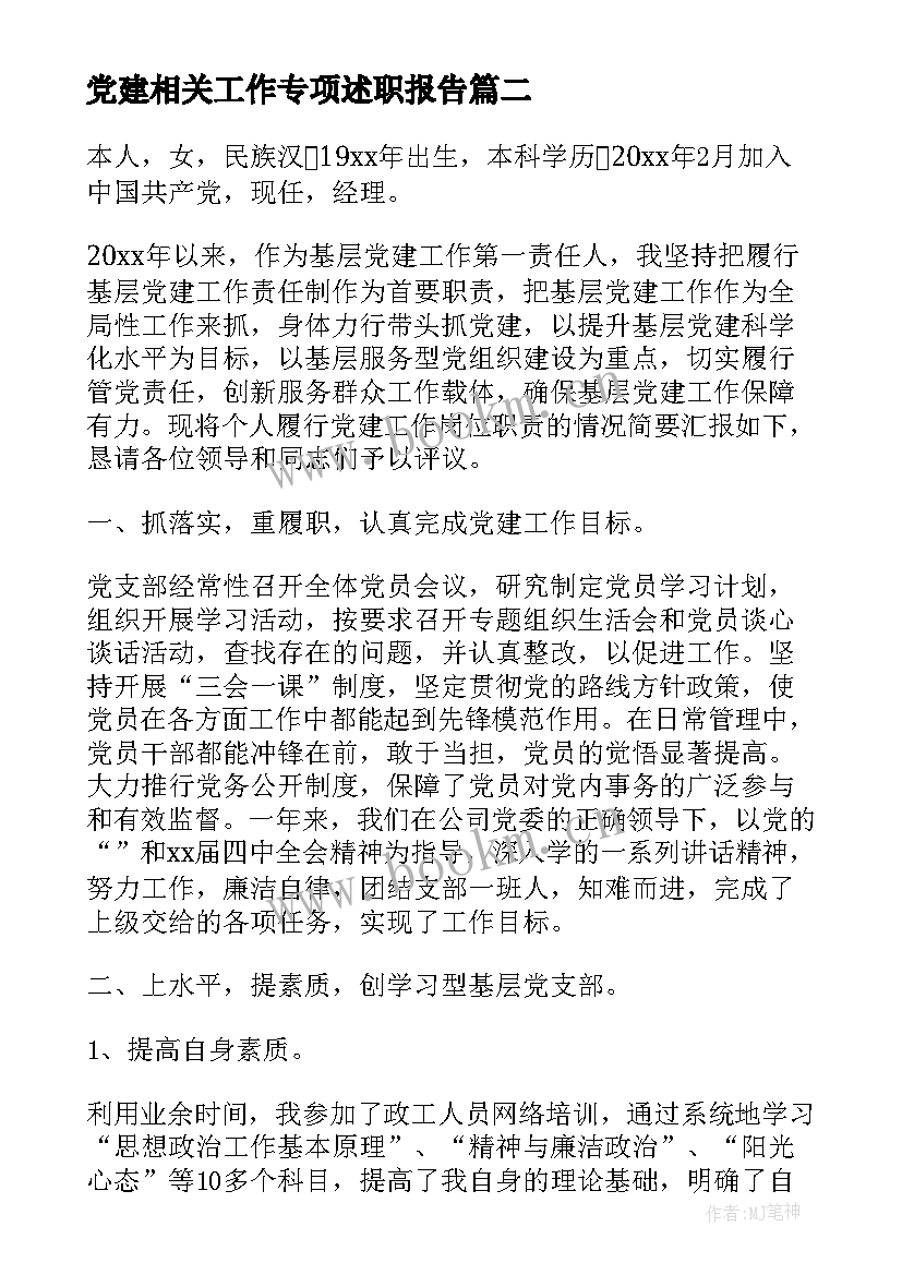 党建相关工作专项述职报告 党建工作专项述职报告(大全5篇)