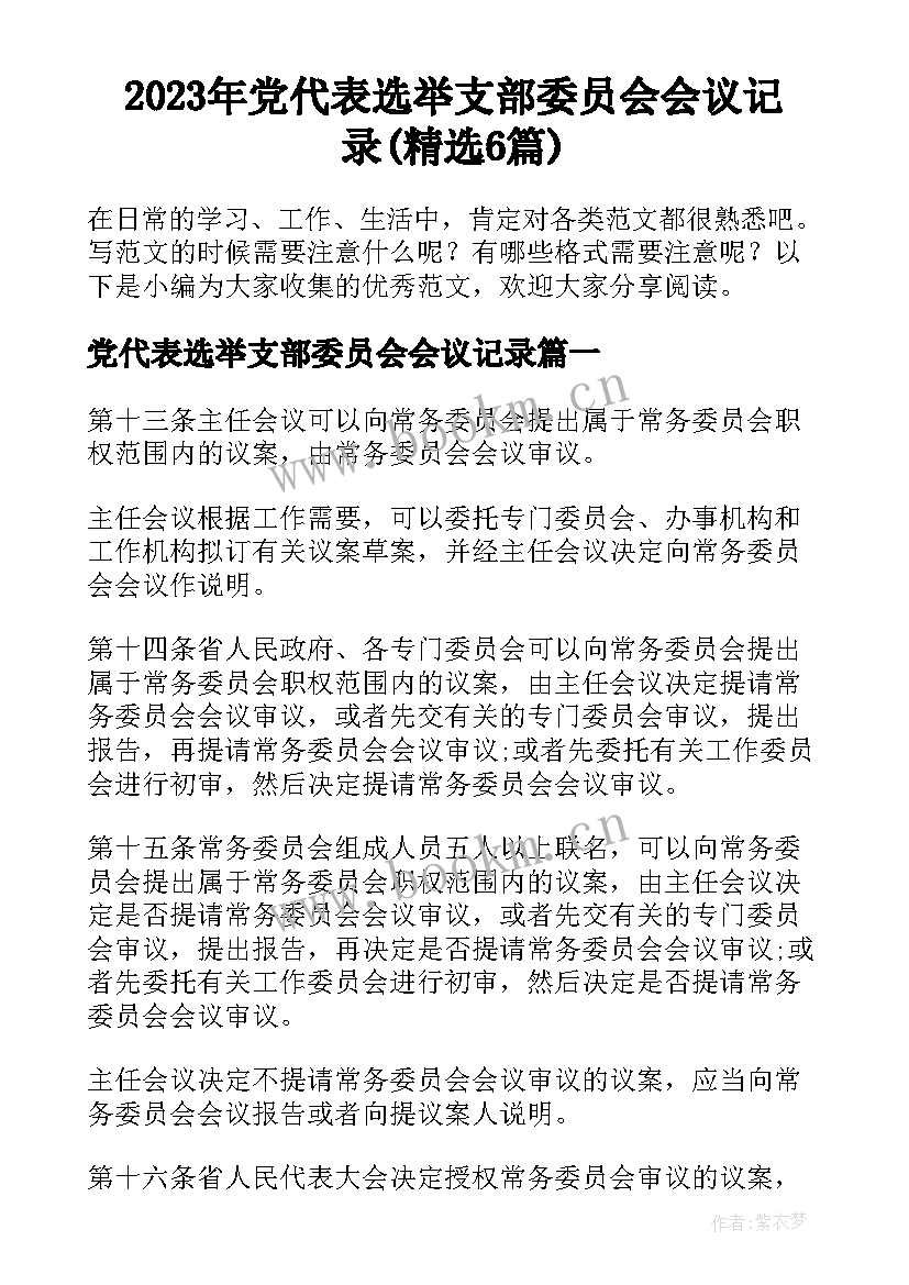 2023年党代表选举支部委员会会议记录(精选6篇)