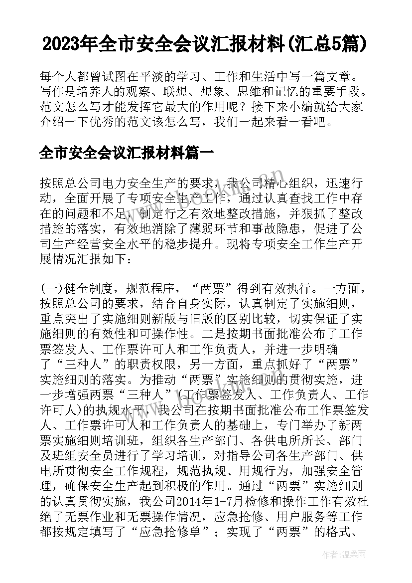 2023年全市安全会议汇报材料(汇总5篇)