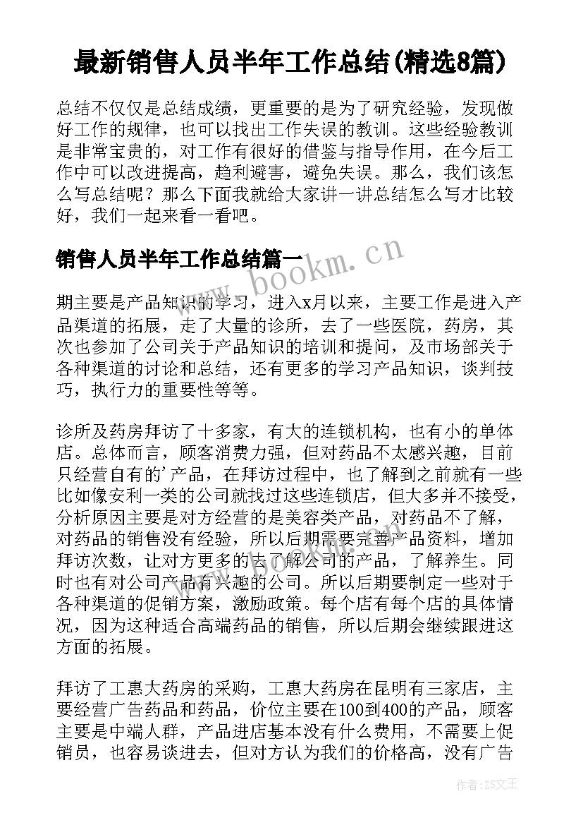 最新销售人员半年工作总结(精选8篇)