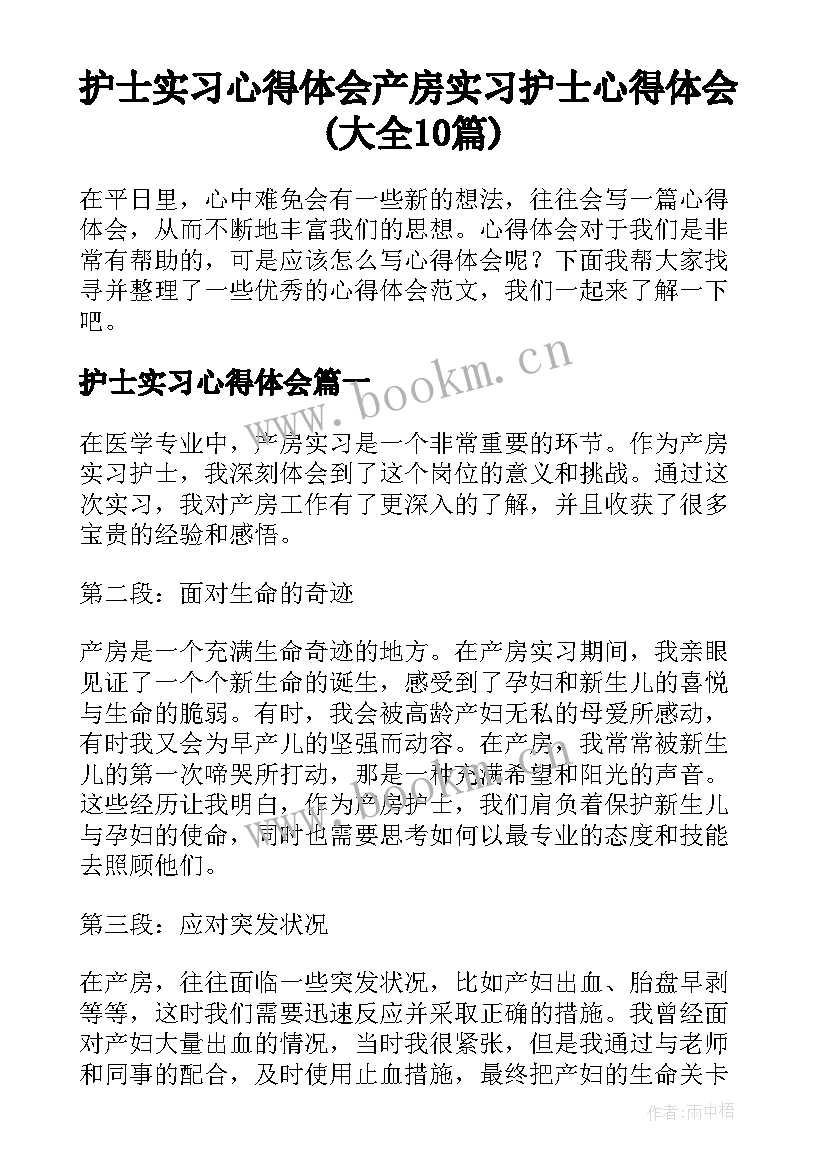 护士实习心得体会 产房实习护士心得体会(大全10篇)