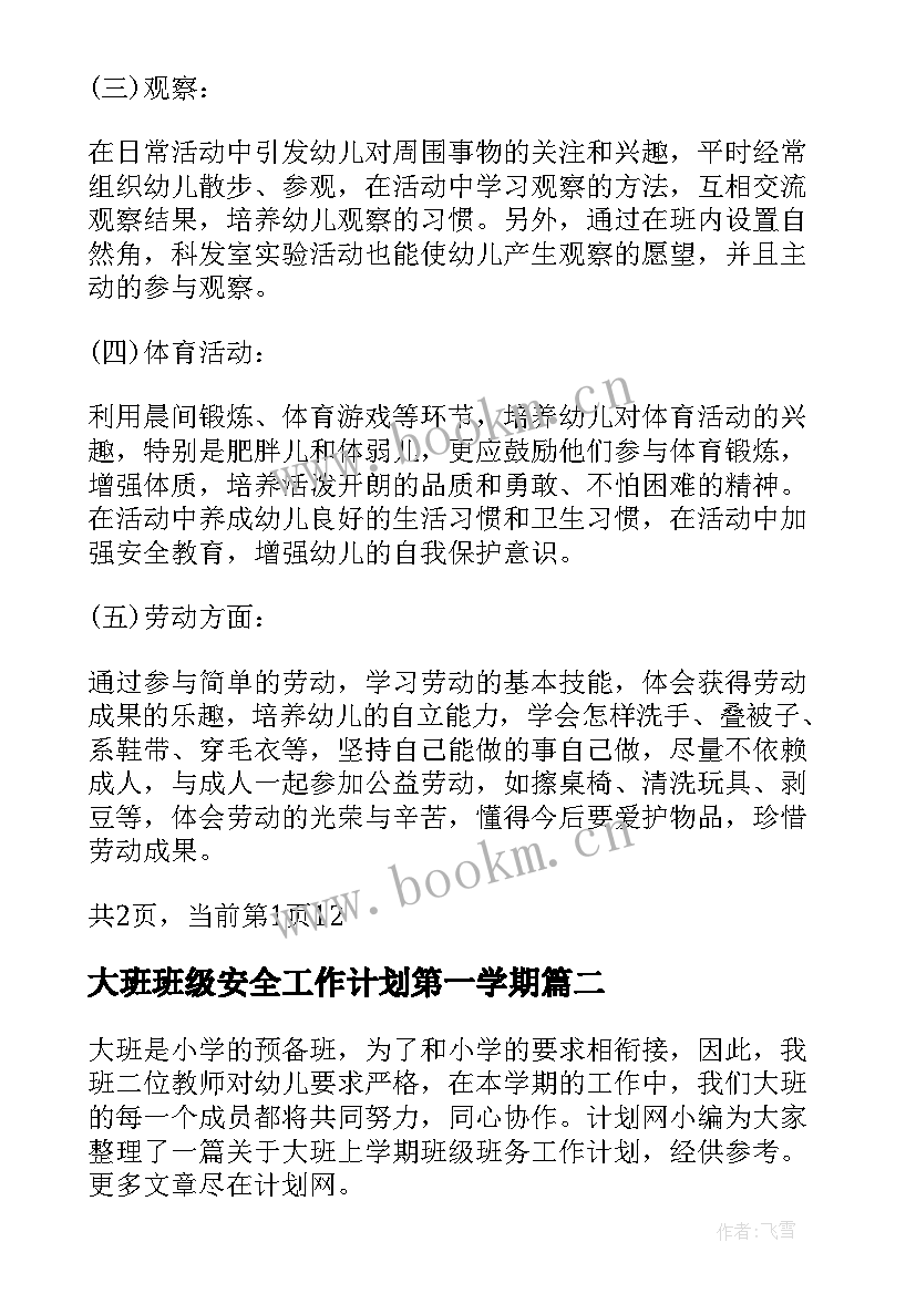 大班班级安全工作计划第一学期 大班上学期班级工作计划(实用6篇)