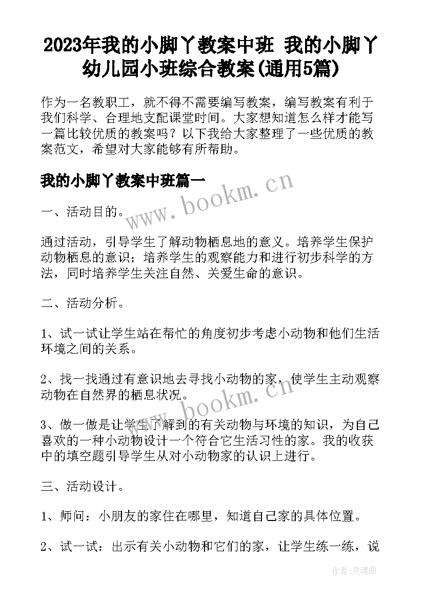 2023年我的小脚丫教案中班 我的小脚丫幼儿园小班综合教案(通用5篇)