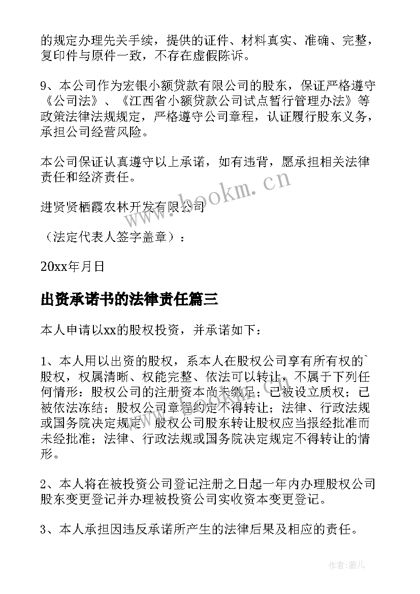 最新出资承诺书的法律责任(模板6篇)