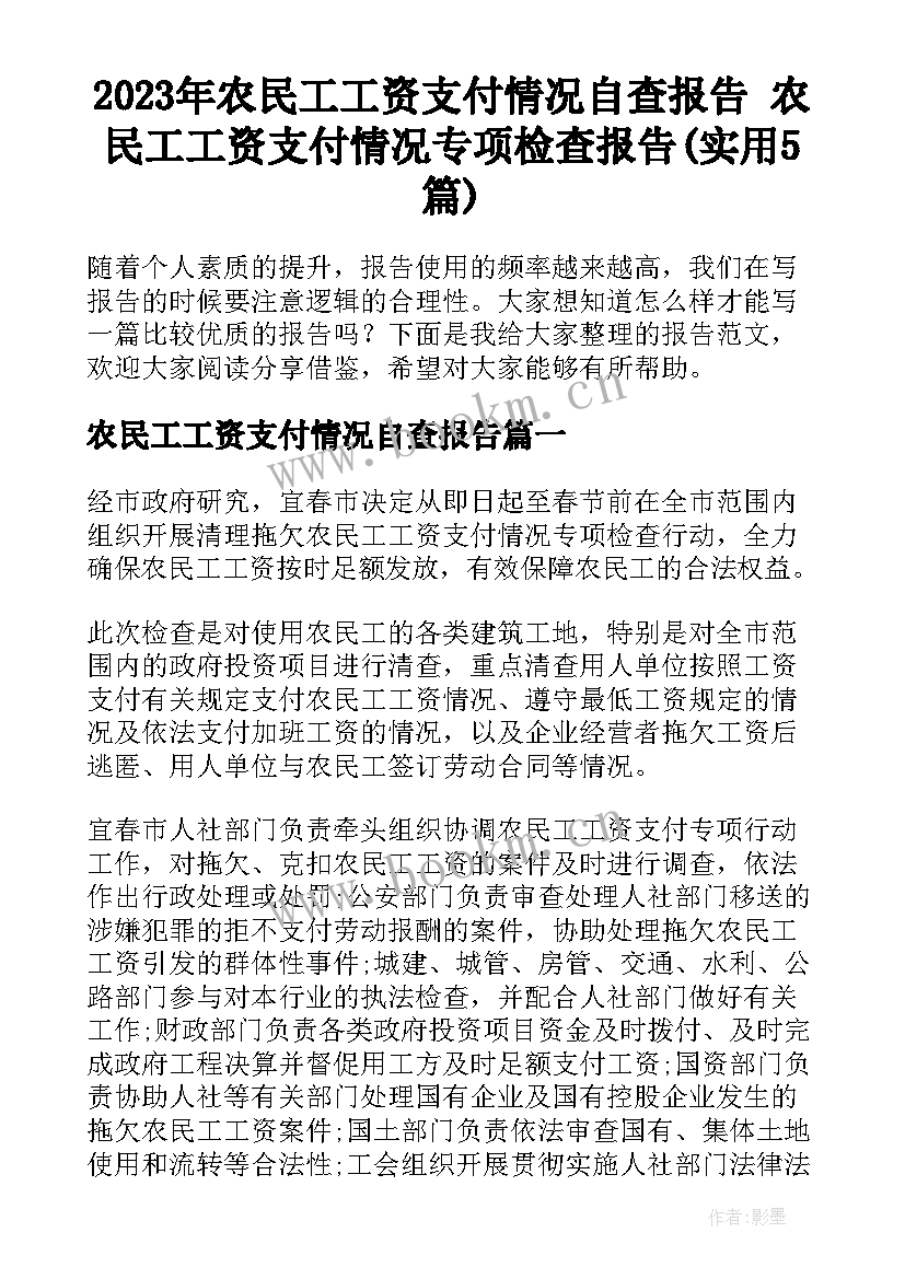 2023年农民工工资支付情况自查报告 农民工工资支付情况专项检查报告(实用5篇)