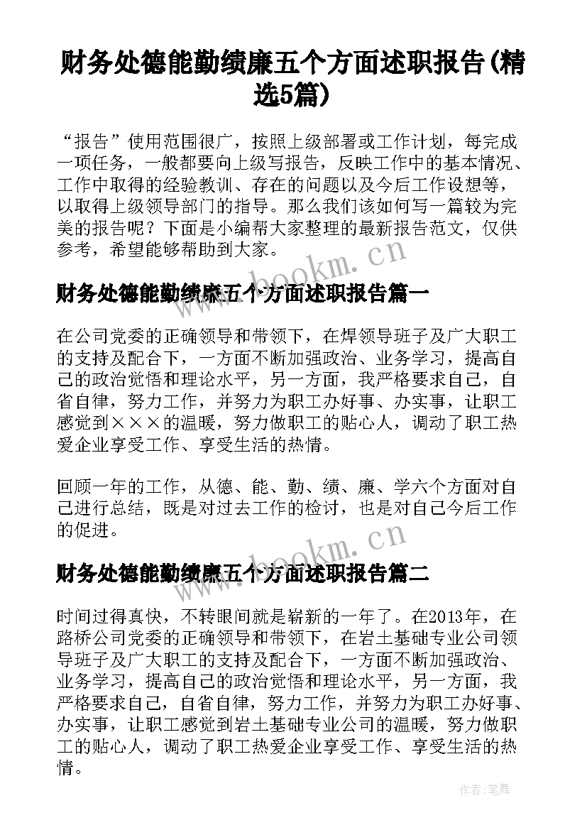 财务处德能勤绩廉五个方面述职报告(精选5篇)