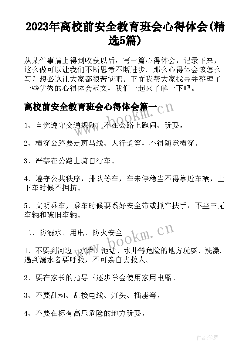 2023年离校前安全教育班会心得体会(精选5篇)