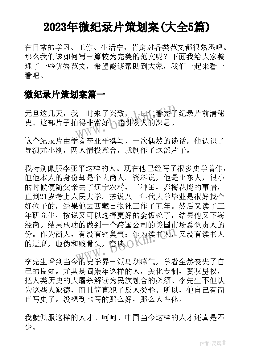 2023年微纪录片策划案(大全5篇)