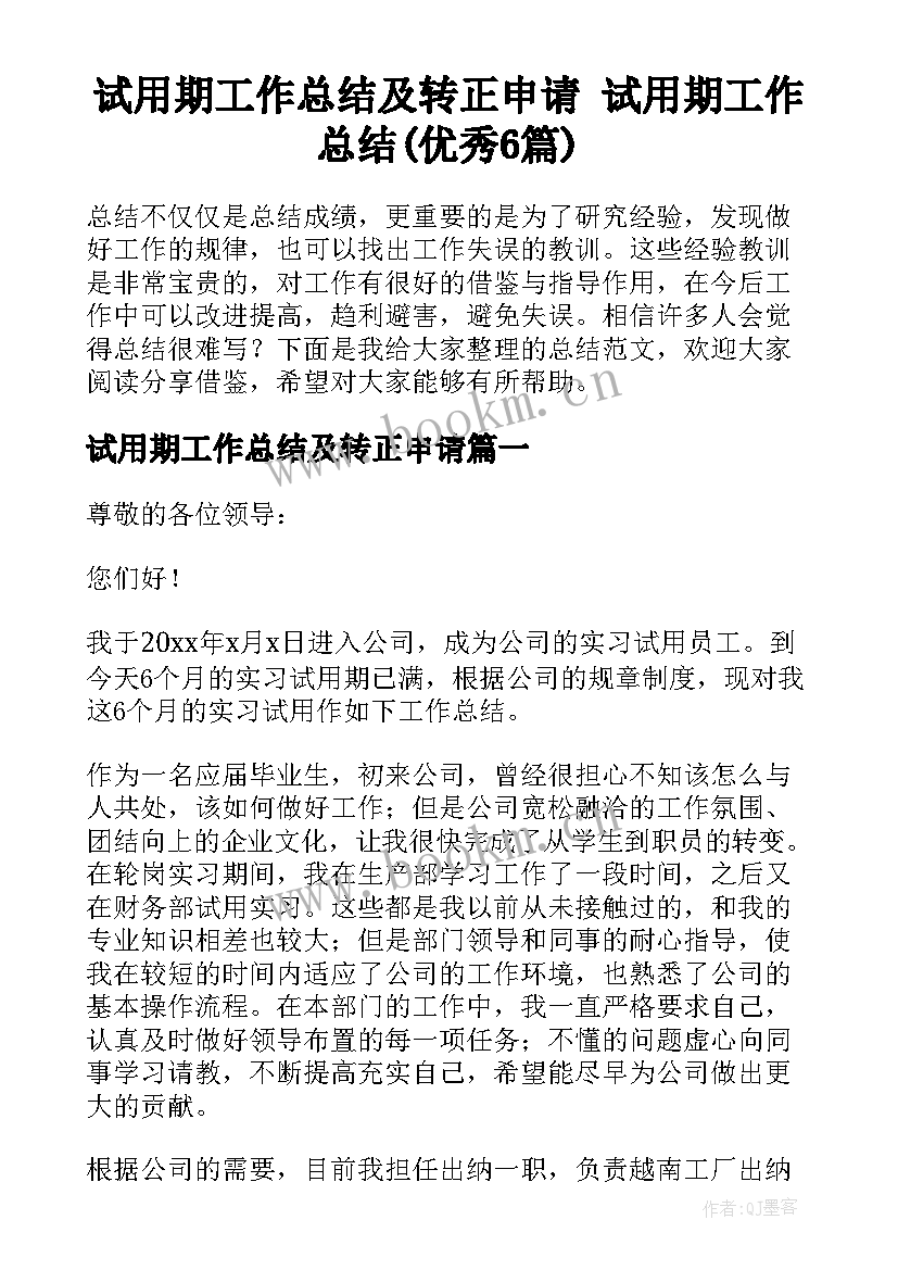 试用期工作总结及转正申请 试用期工作总结(优秀6篇)