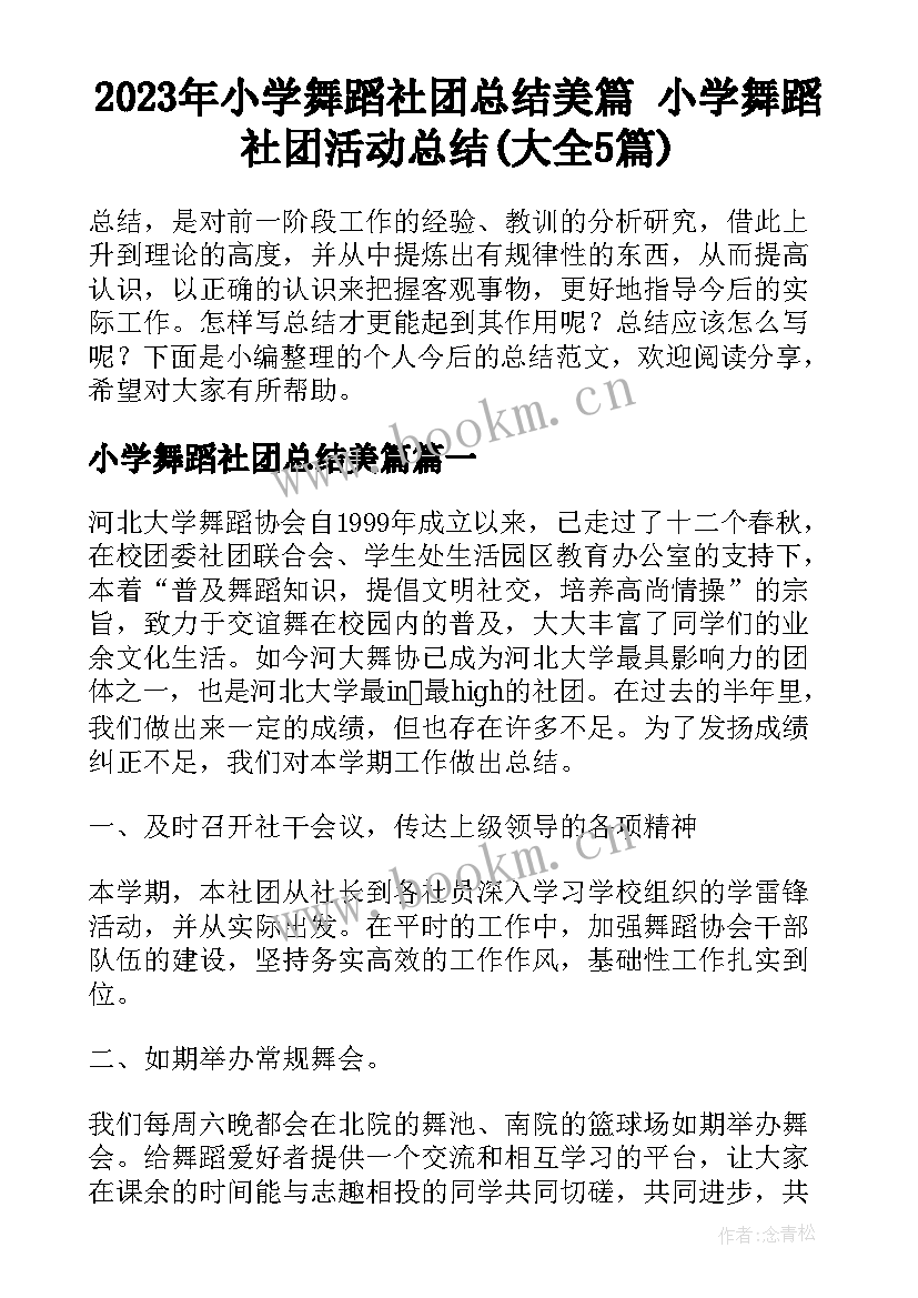 2023年小学舞蹈社团总结美篇 小学舞蹈社团活动总结(大全5篇)