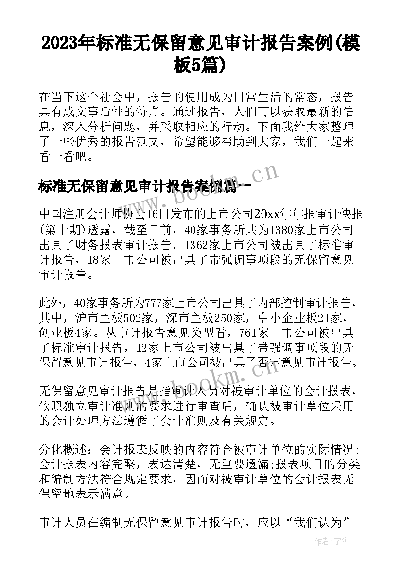 2023年标准无保留意见审计报告案例(模板5篇)