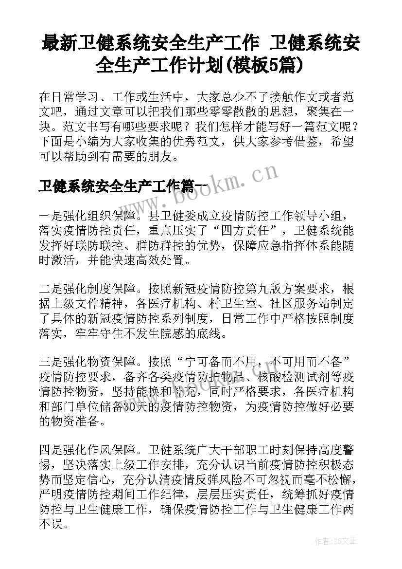 最新卫健系统安全生产工作 卫健系统安全生产工作计划(模板5篇)