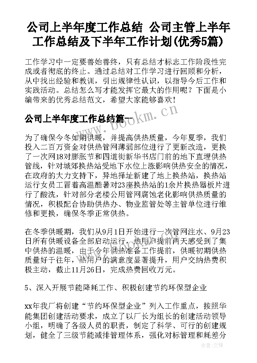 公司上半年度工作总结 公司主管上半年工作总结及下半年工作计划(优秀5篇)