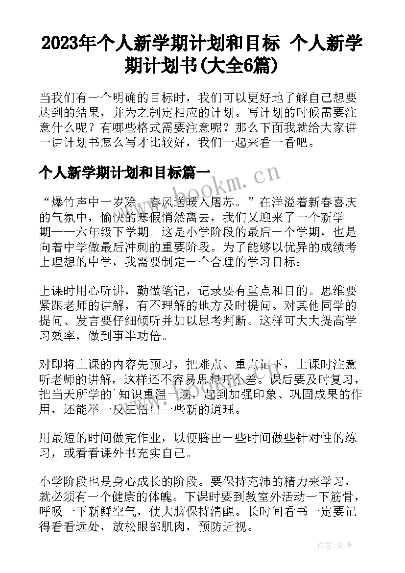 2023年个人新学期计划和目标 个人新学期计划书(大全6篇)