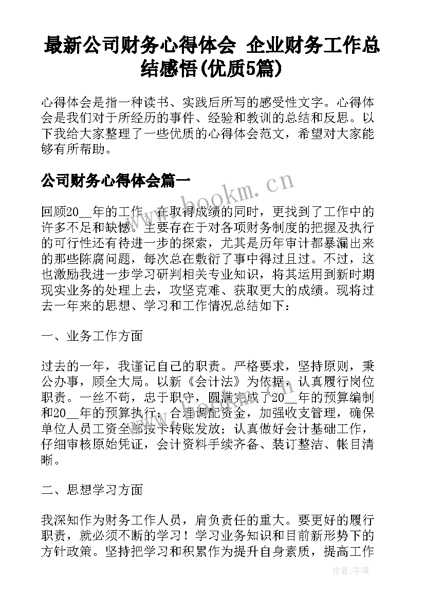 最新公司财务心得体会 企业财务工作总结感悟(优质5篇)