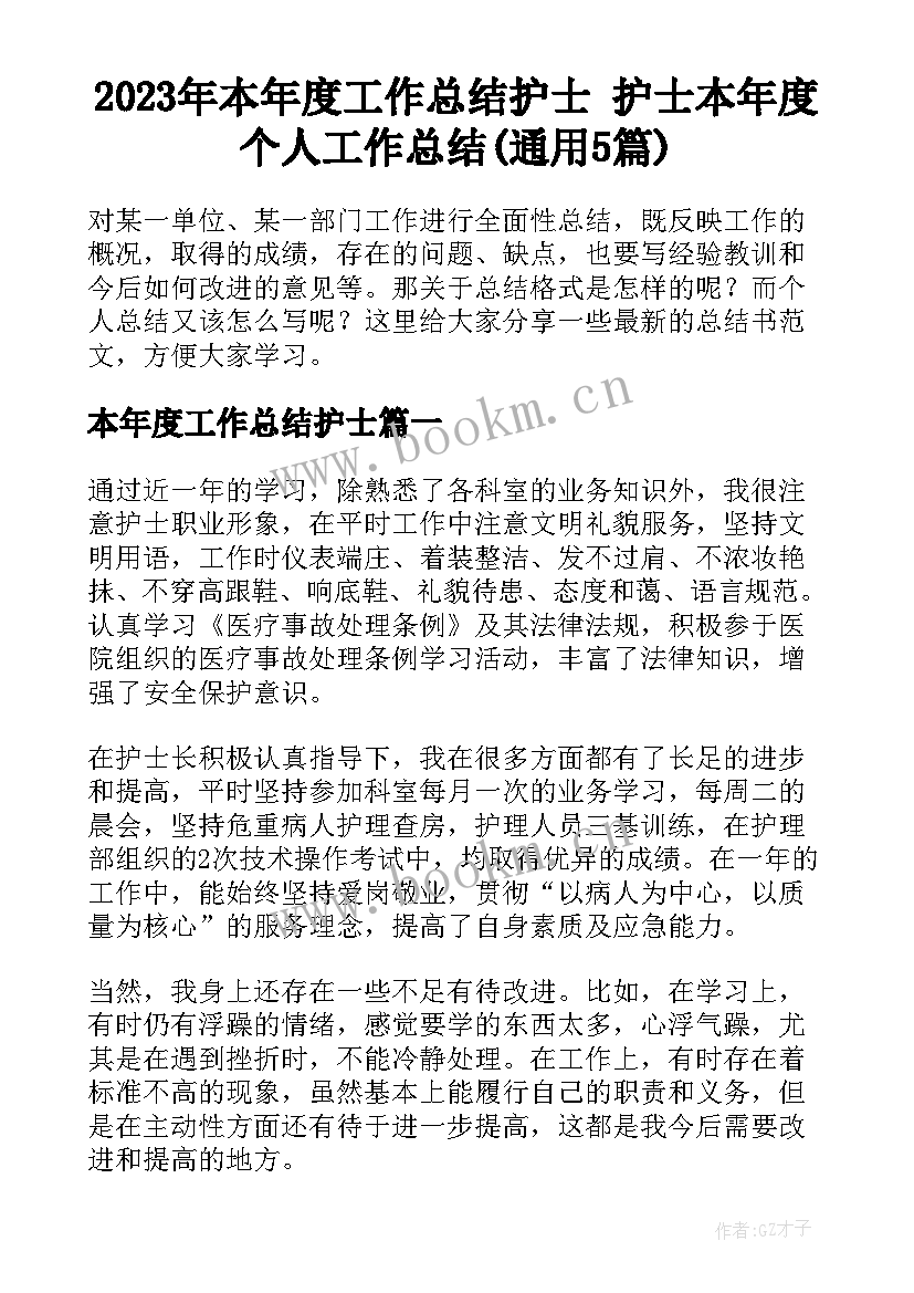 2023年本年度工作总结护士 护士本年度个人工作总结(通用5篇)