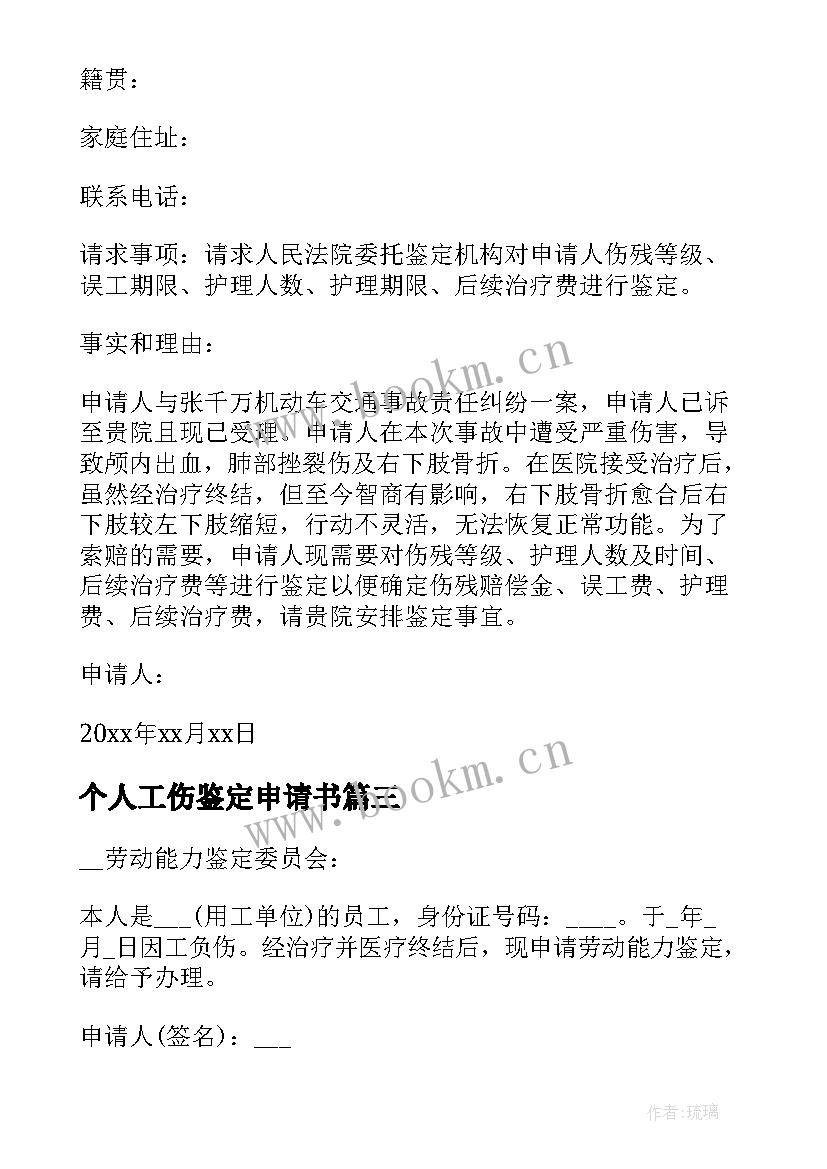 最新个人工伤鉴定申请书(模板5篇)