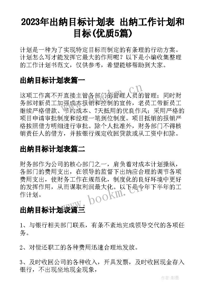 2023年出纳目标计划表 出纳工作计划和目标(优质5篇)