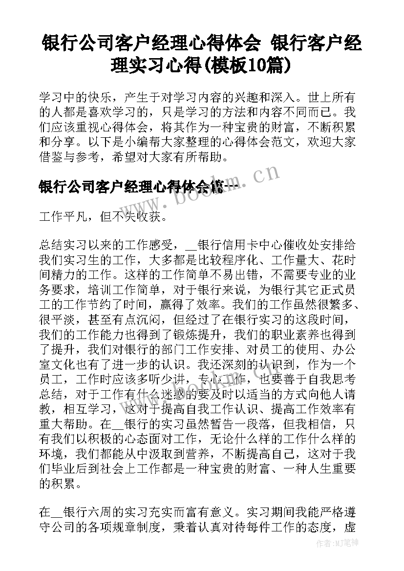 银行公司客户经理心得体会 银行客户经理实习心得(模板10篇)