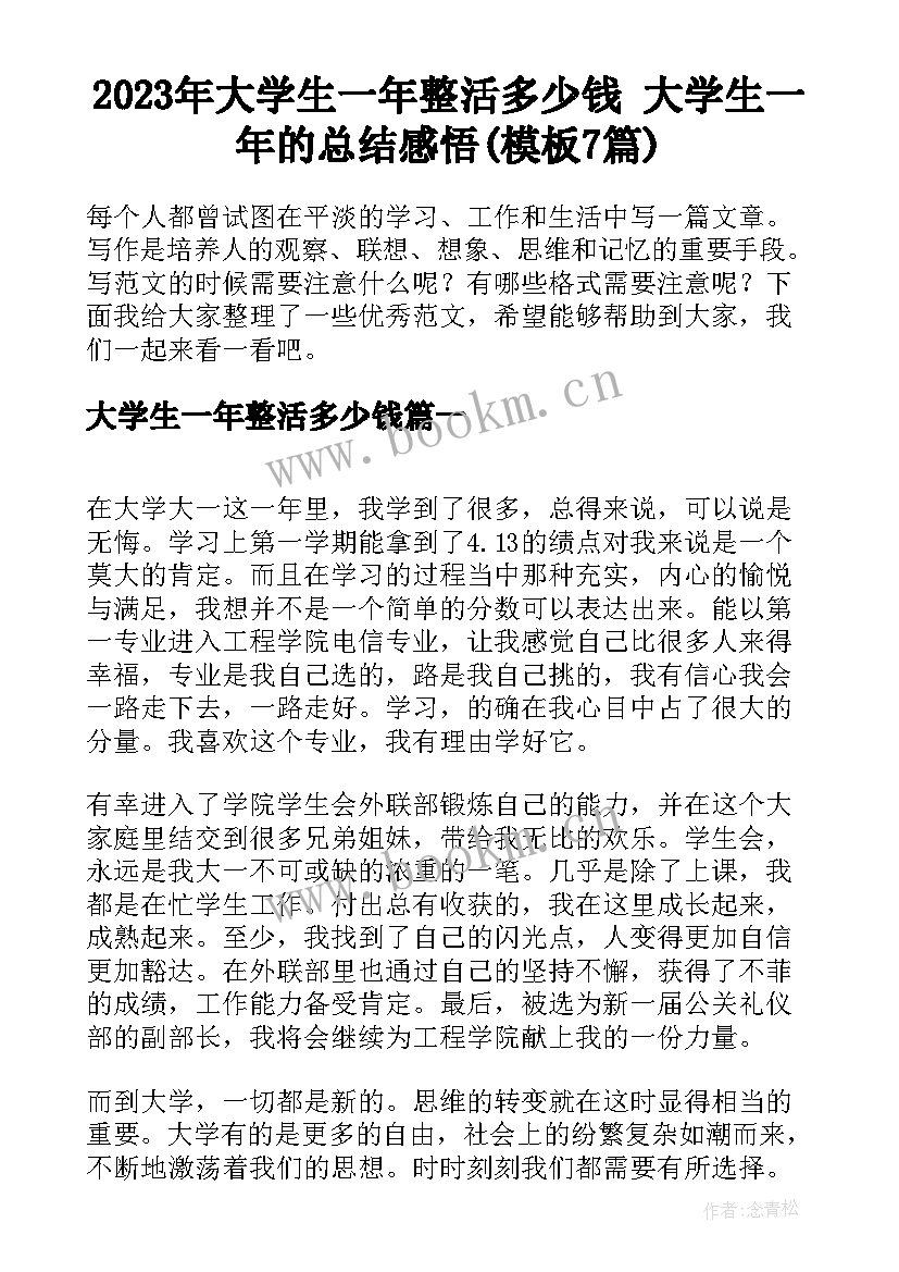 2023年大学生一年整活多少钱 大学生一年的总结感悟(模板7篇)