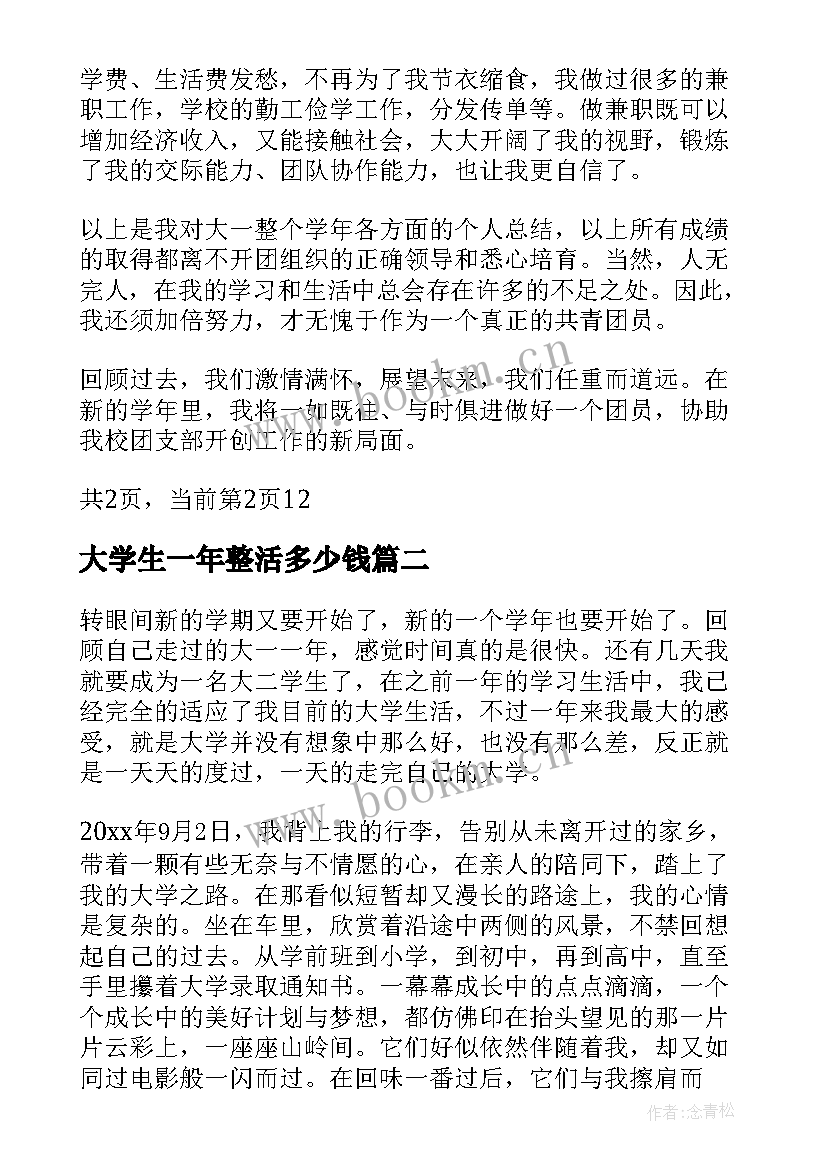 2023年大学生一年整活多少钱 大学生一年的总结感悟(模板7篇)