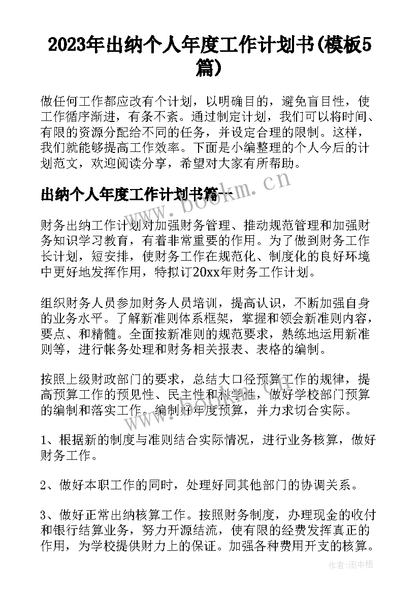 2023年出纳个人年度工作计划书(模板5篇)