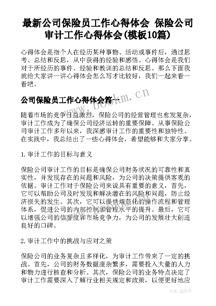 最新公司保险员工作心得体会 保险公司审计工作心得体会(模板10篇)