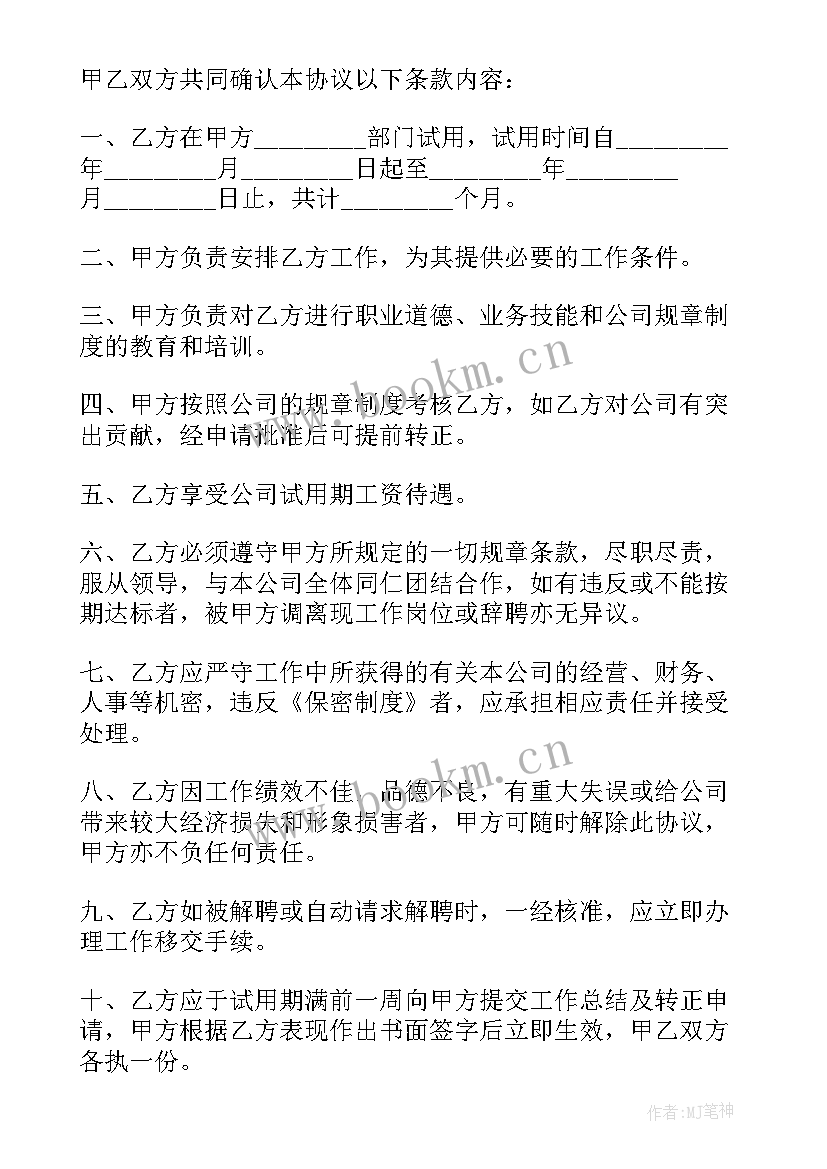 公司员工试用协议书(实用5篇)