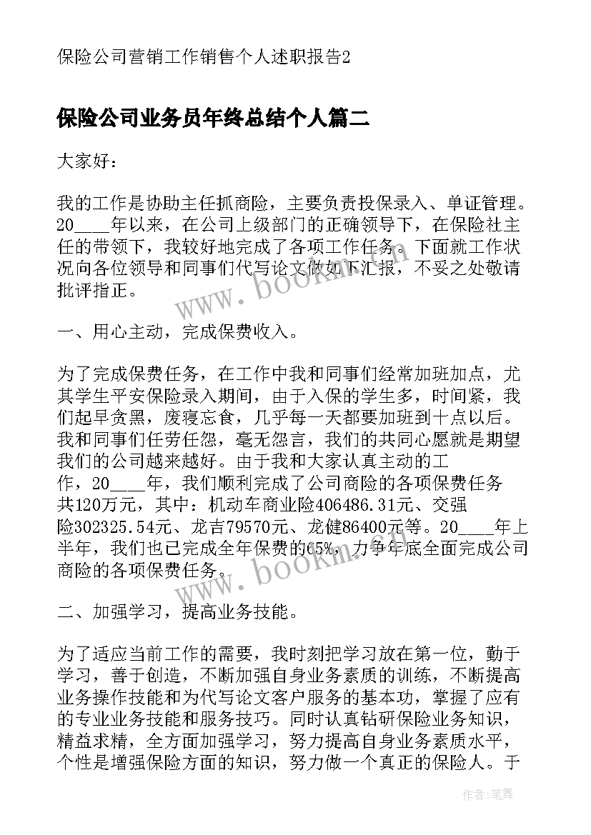 2023年保险公司业务员年终总结个人(大全5篇)