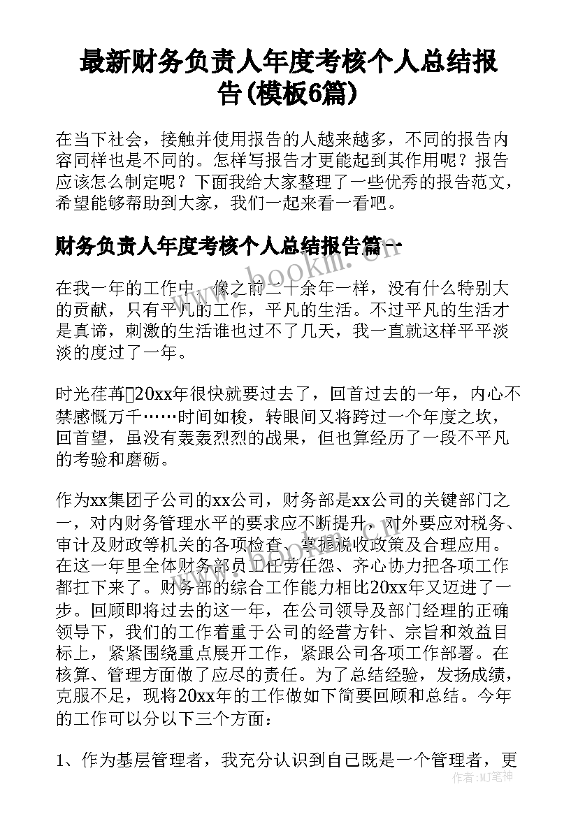 最新财务负责人年度考核个人总结报告(模板6篇)