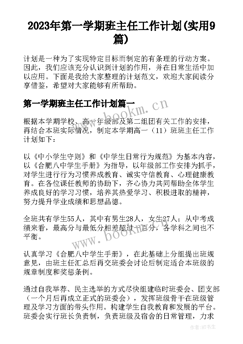 2023年第一学期班主任工作计划(实用9篇)