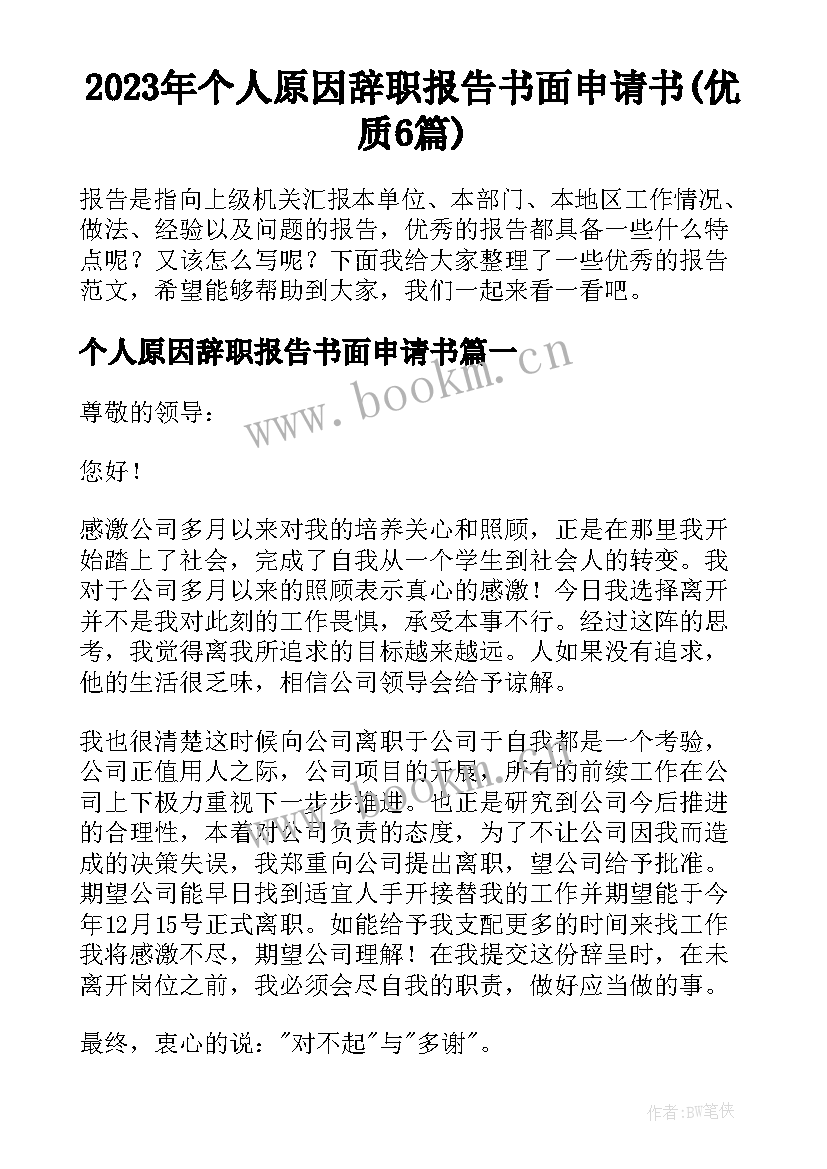 2023年个人原因辞职报告书面申请书(优质6篇)