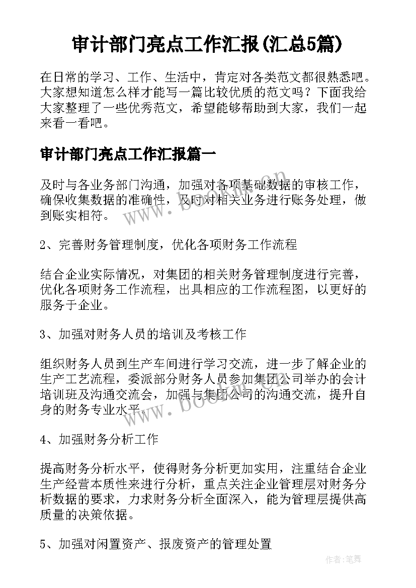 审计部门亮点工作汇报(汇总5篇)