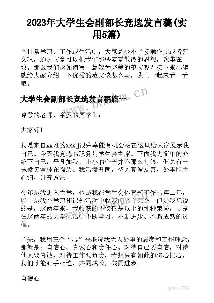 2023年大学生会副部长竞选发言稿(实用5篇)