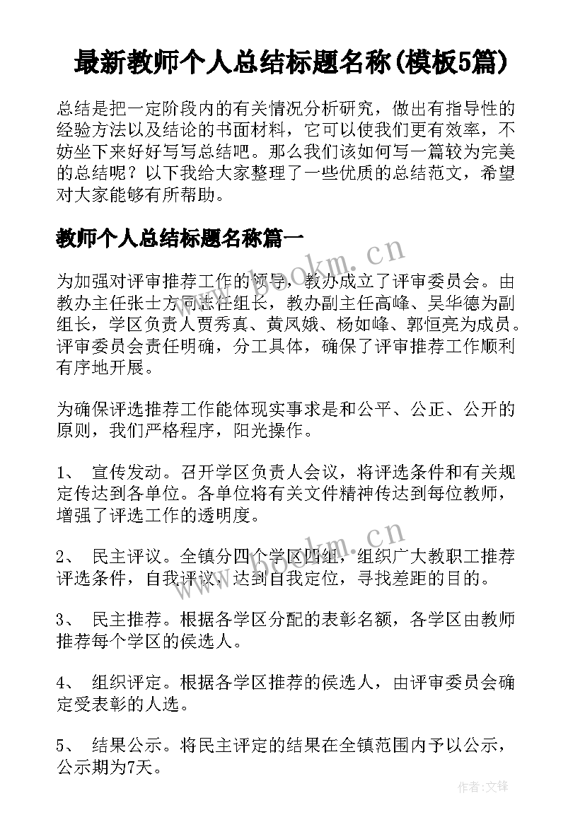 最新教师个人总结标题名称(模板5篇)