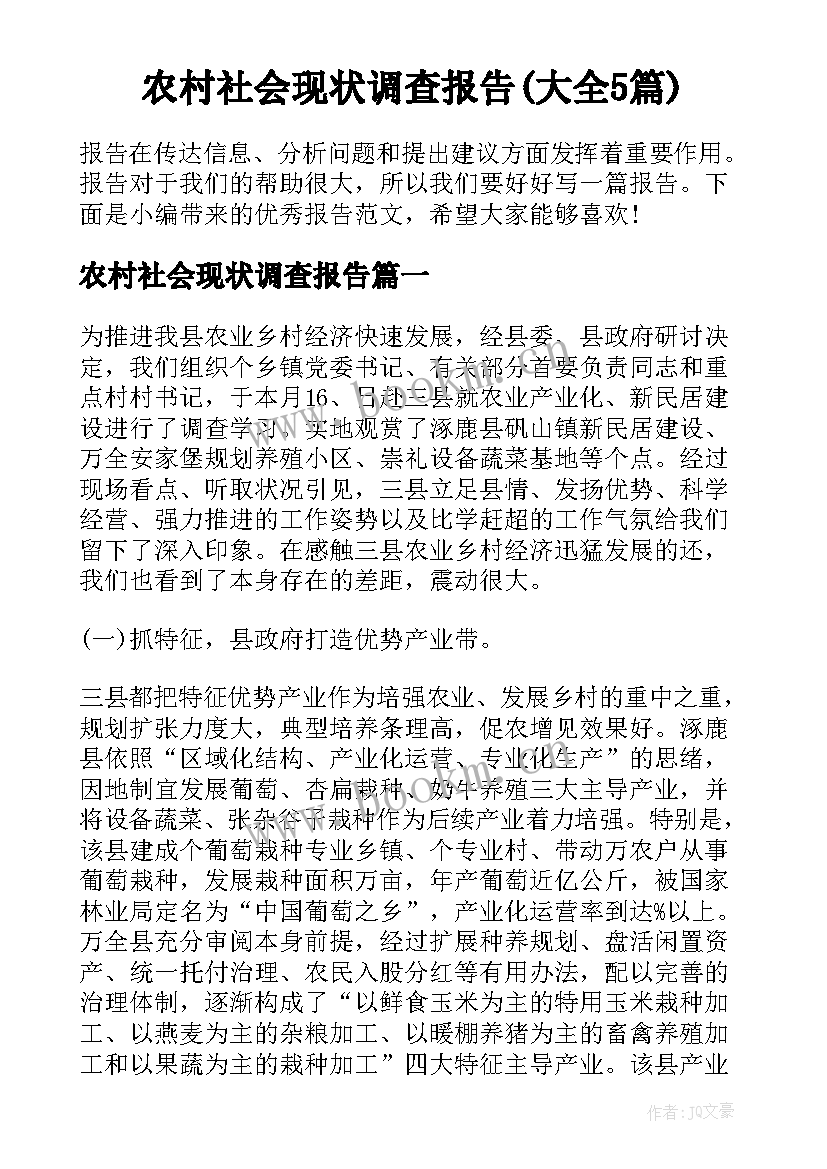 农村社会现状调查报告(大全5篇)