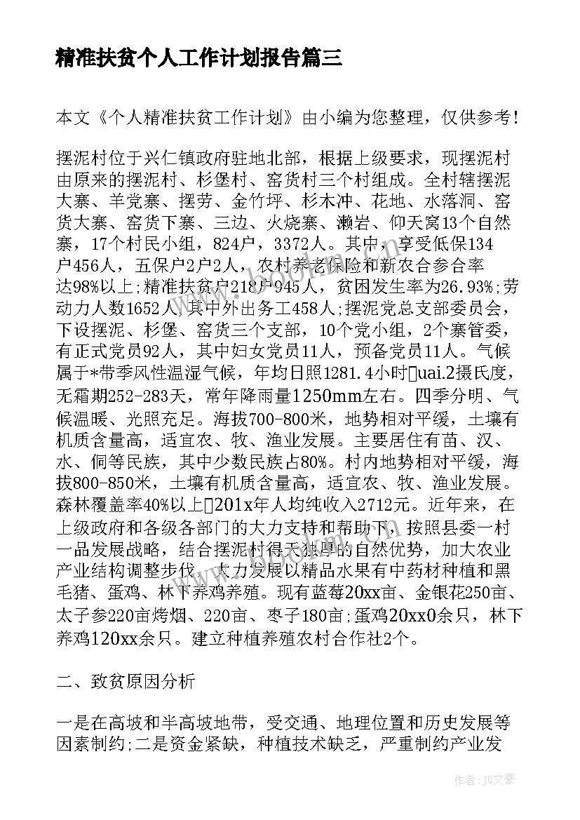 精准扶贫个人工作计划报告(模板10篇)